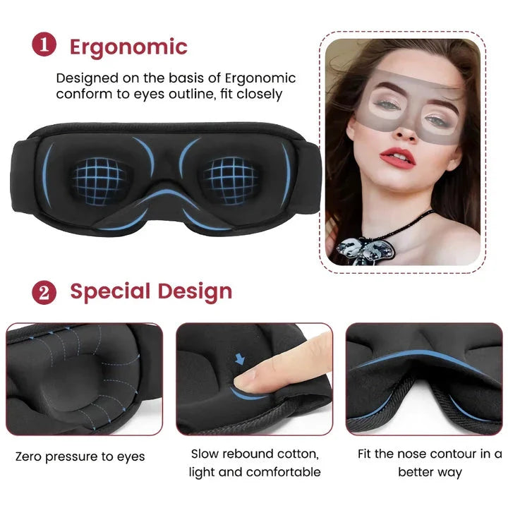 Soft, breathable 3D memory foam sleep mask in gray color providing total darkness and pressure relief for restful sleep
