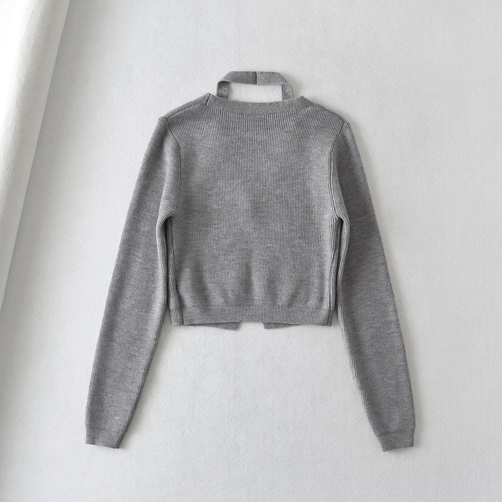 Stylish knitwear vest in a classic black or neutral colour, featuring a V-neck collar and long sleeves for a polished, versatile look.