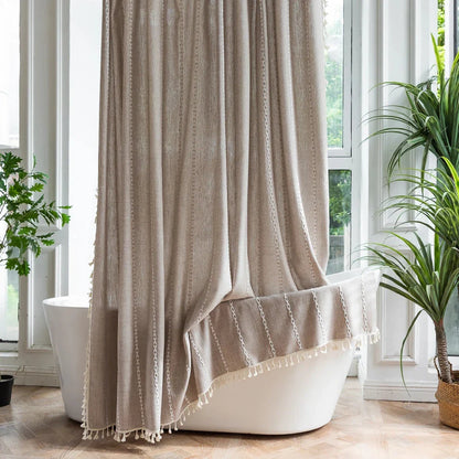 Elegant bohemian-style shower curtain with unique stitching design, perfect for creating a serene and stylish Kiwi bathroom atmosphere.