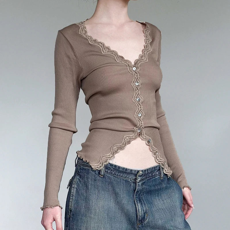 Stylish khaki ribbed long sleeve t-shirt with lace detailing for a sophisticated and comfortable look