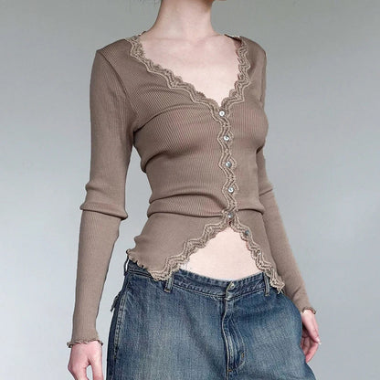 Stylish khaki ribbed long sleeve t-shirt with lace detailing for a sophisticated and comfortable look