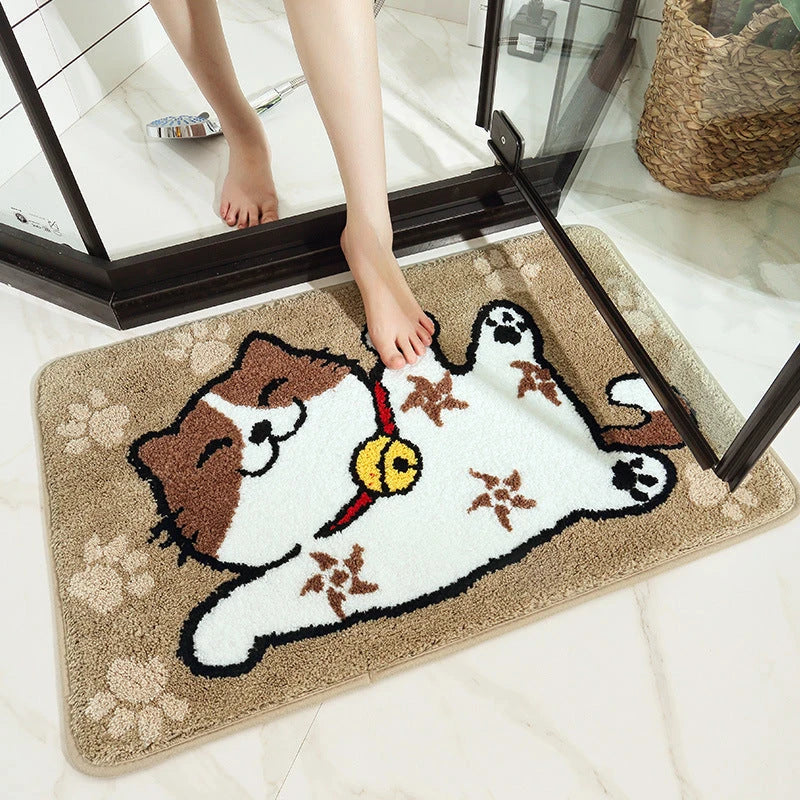 Charming cartoon-patterned non-slip bathroom mat with plush flocking surface and sturdy latex backing