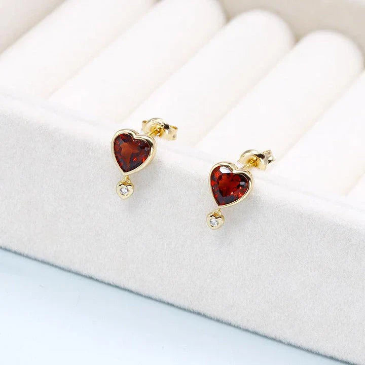 Sustainable Garnet and Zircon Earrings with a heart-shaped design, crafted in New Zealand using eco-friendly materials.