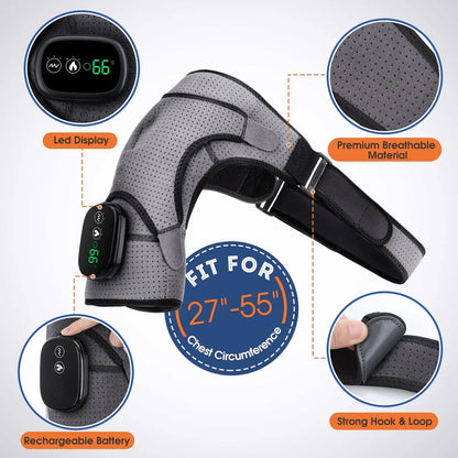 3-Level Heated Vibrating Shoulder Massager for Pain Relief and Rehabilitation, featuring heat therapy, magnetic therapy, and vibration massage functions.