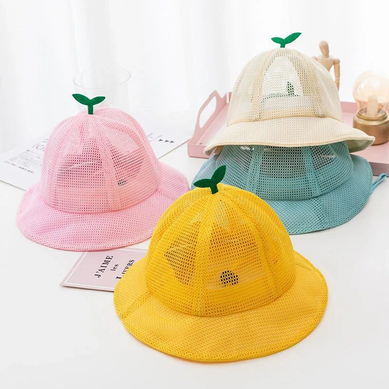 A breathable mesh bucket hat with a cute sprout design, perfect for keeping Kiwi kids cool and stylish during the summer.