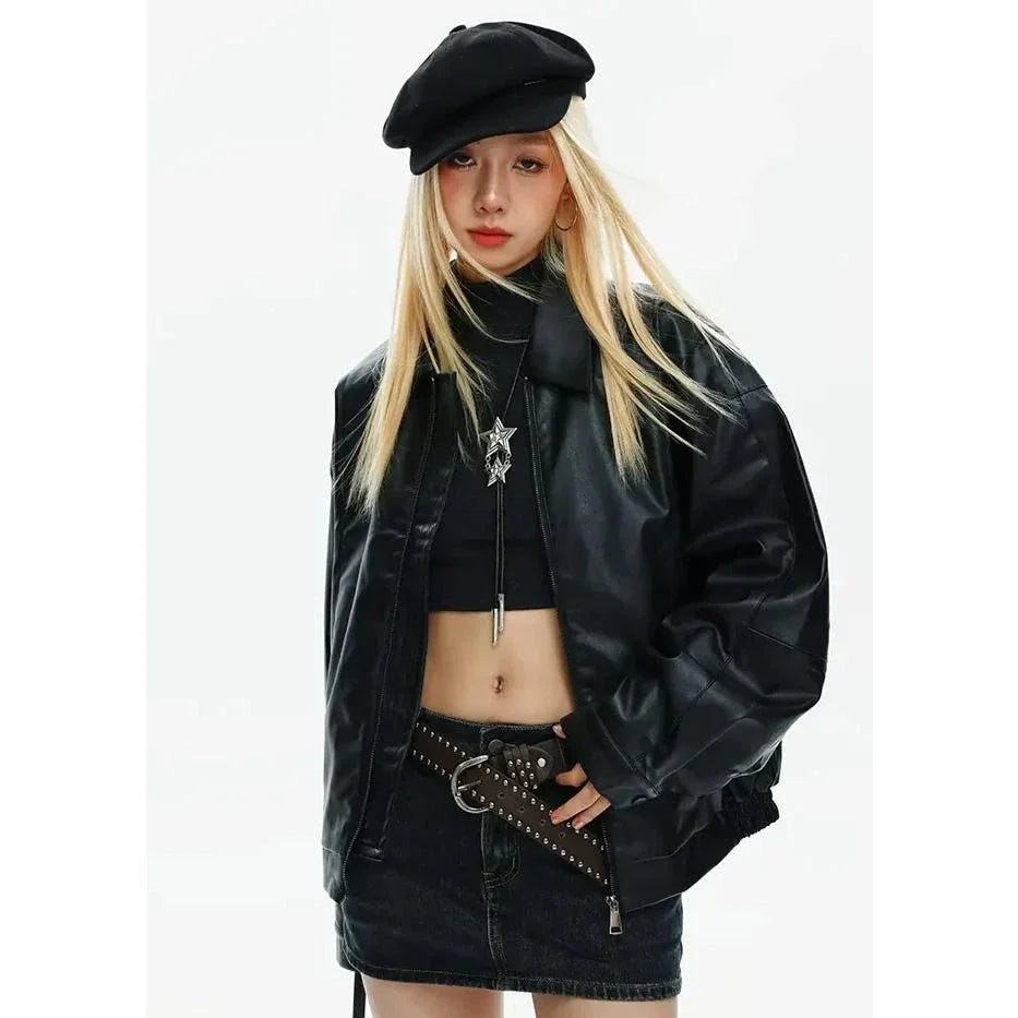 Women's edged bomber jacket with turn-down collar in black, designed for autumn and winter with a stylish and comfortable fit.