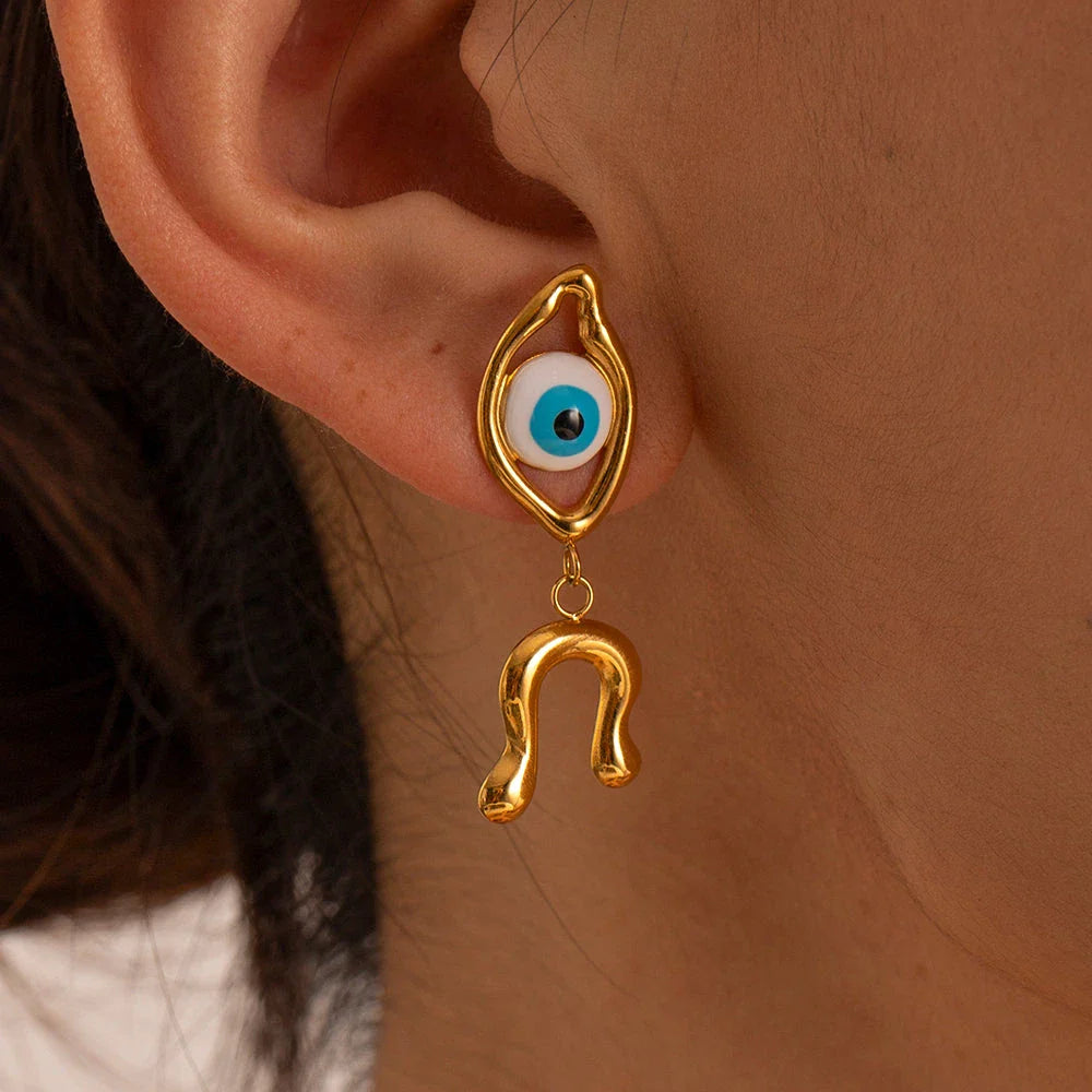 Pair of 18K gold plated stainless steel asymmetrical devil's eye earrings with vibrant, dripping oil-inspired finish