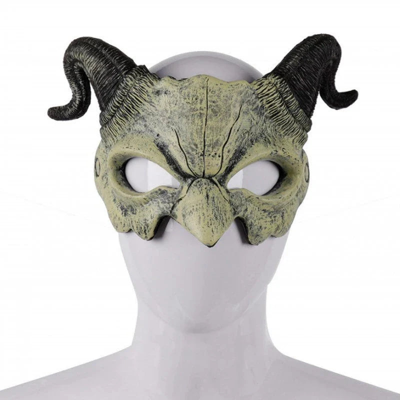 A terrifying Halloween mask with twisted horns and jagged fangs, crafted from premium acrylic materials