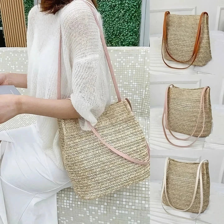 Bohemian straw woven shoulder bag in beige color, featuring a secure hasp closure and a lightweight, durable design for summer adventures.