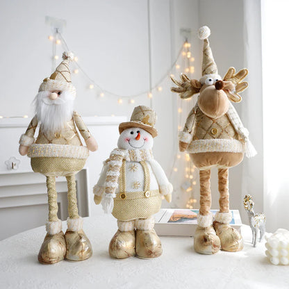 Retractable Christmas decorations featuring a snowman, reindeer, and elderly figure in a shimmering gold hue