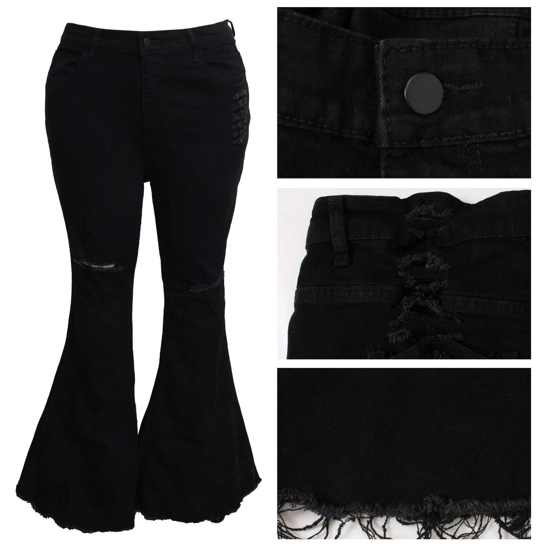 Stylish stretch denim flare jeans in black and light blue colors, featuring a high-waisted, bell-bottom design for a flattering, retro-inspired look.