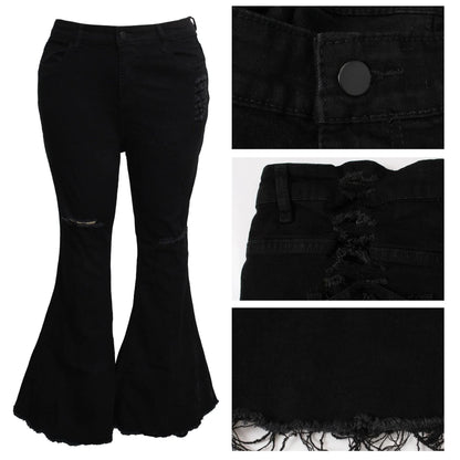 Stylish stretch denim flare jeans in black and light blue colors, featuring a high-waisted, bell-bottom design for a flattering, retro-inspired look.