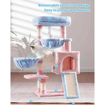 A stylish and sturdy cat tree with multiple levels, scratching posts, and cosy hammocks for your indoor cat's playtime and relaxation.