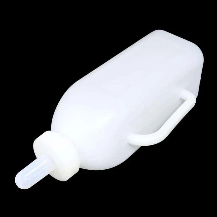 A large, durable white plastic water bottle with a silicone nipple, perfect for providing long-lasting hydration for pets and horses.