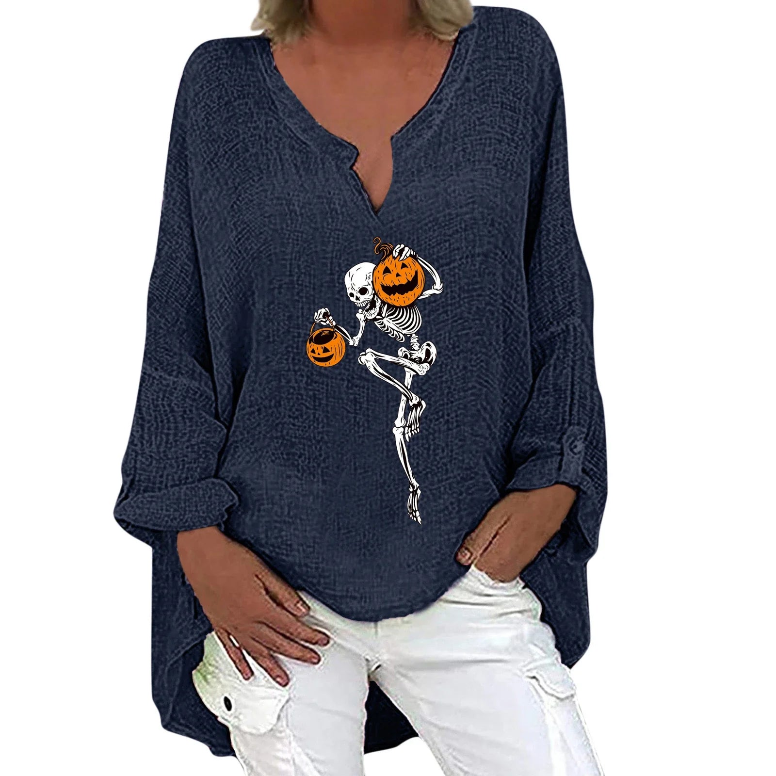 Trendha women's long sleeve shirt with Halloween-themed print, made from a soft cotton-linen blend fabric