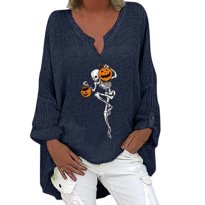Trendha women's long sleeve shirt with Halloween-themed print, made from a soft cotton-linen blend fabric