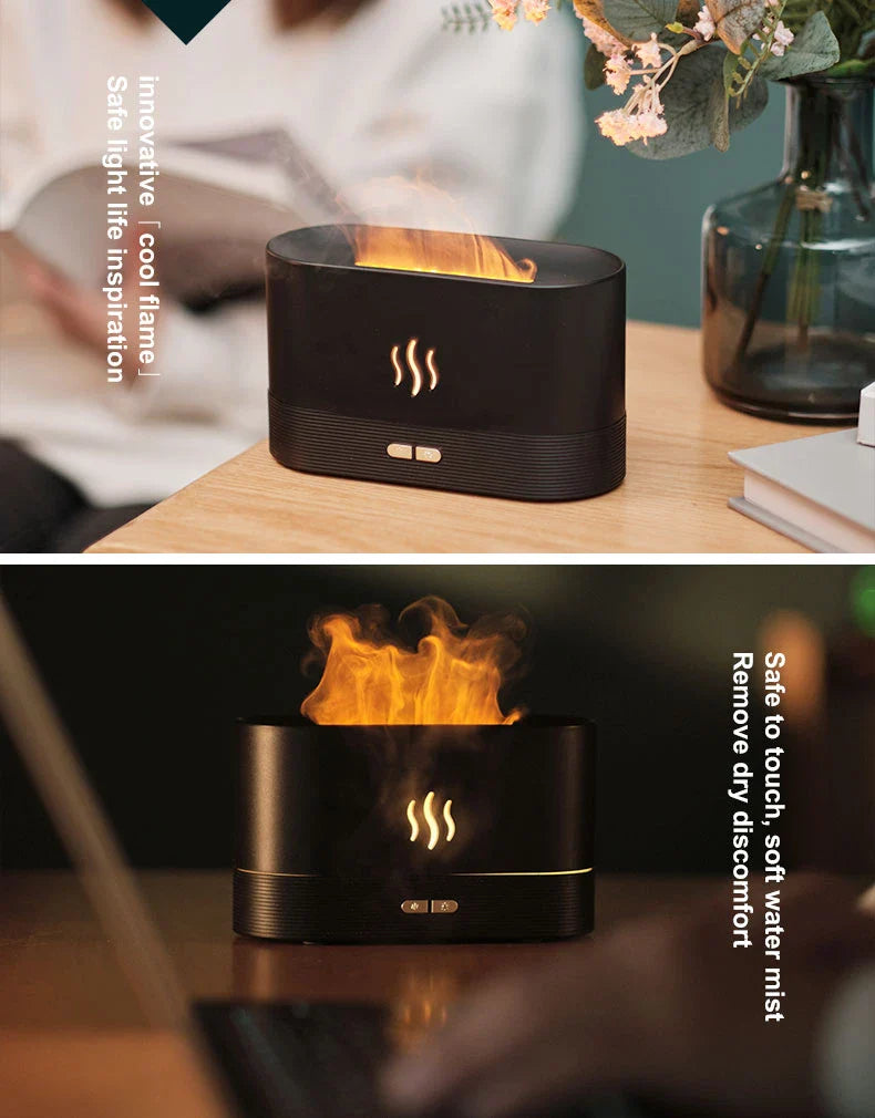 Captivating flame-effect aroma diffuser with customisable lighting and essential oil diffusion capabilities