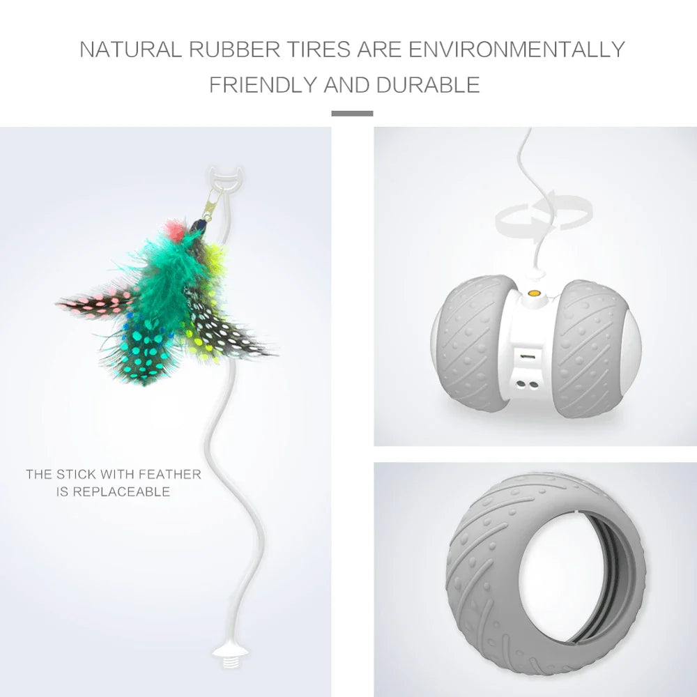 A grey interactive cat toy with a feather attachment, designed to engage a cat's natural hunting instincts and provide long-lasting entertainment.