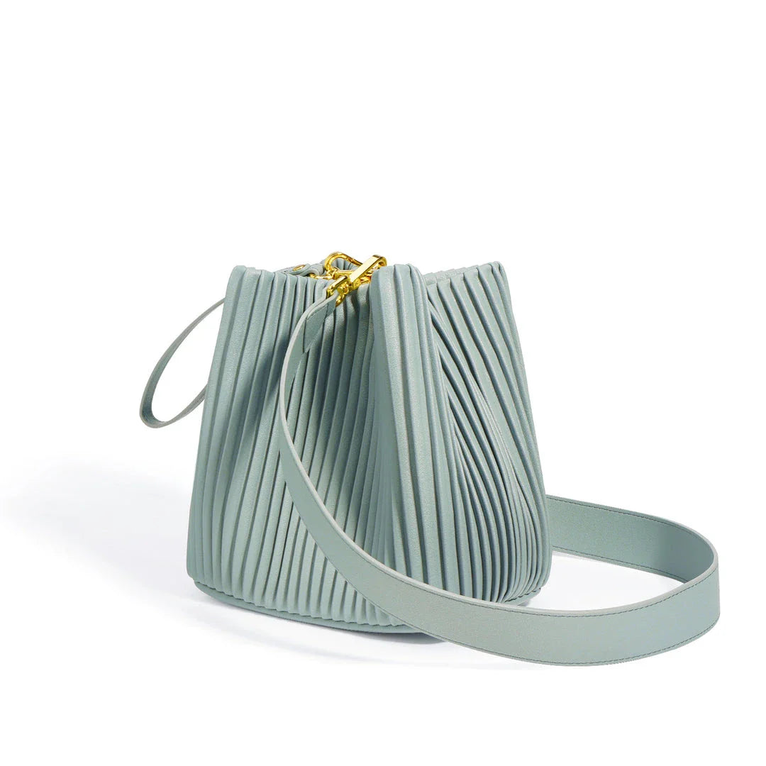 Elegant microfibre leather bucket bag with ruched design, suitable for Kiwi lifestyles