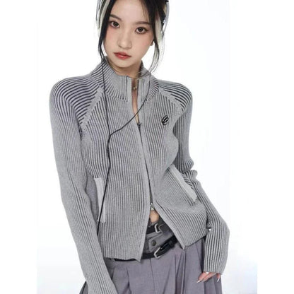 Embroidered Y2K Aesthetic Zipper Cardigan in gray, featuring unique character embroidery and a versatile design for all-season wear.