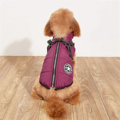 A stylish and practical waterproof dog coat with a built-in harness, designed to keep your pet warm, dry, and safe during outdoor activities.