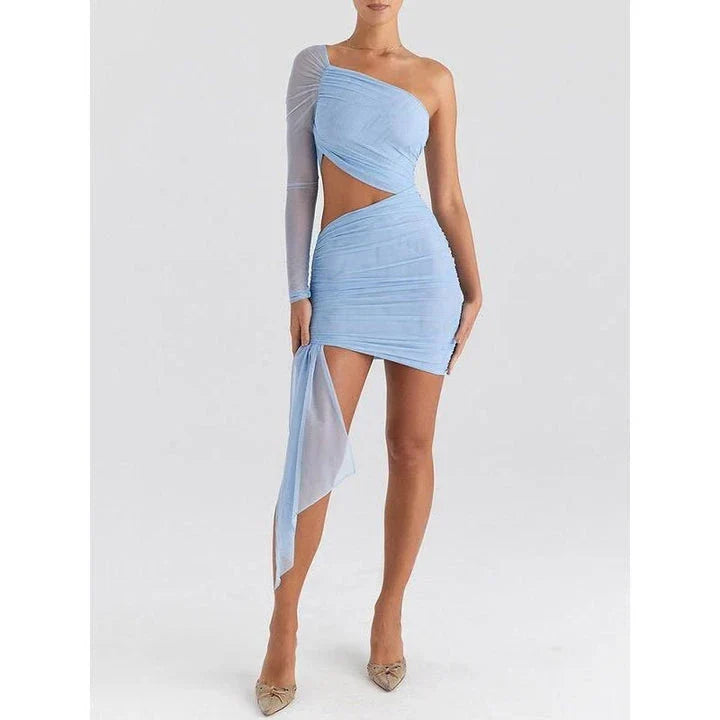 Stylish backless mini dress with mesh overlay in blue color, perfect for summer events in New Zealand