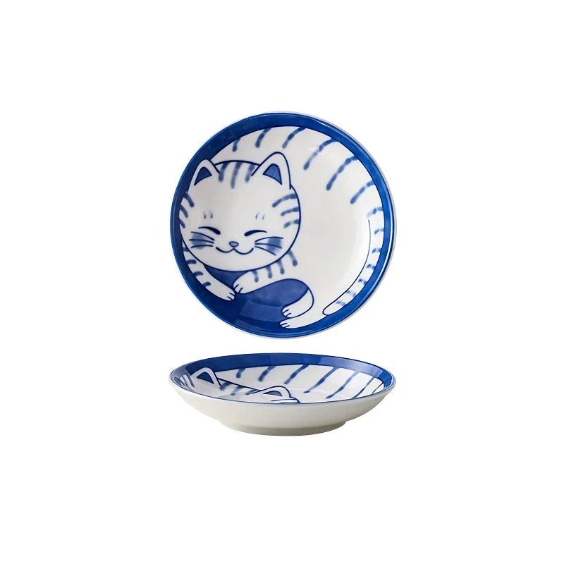 Ceramic Porcelain Dish with Hand-Painted Lucky Cat Design for Serving Sauces, Dips, and Desserts