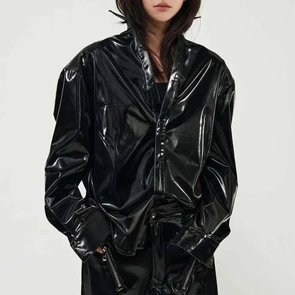 Elegant Fleece-Lined PU Leather Jacket in Black, featuring a sleek design and glossy finish for versatile Kiwi style.