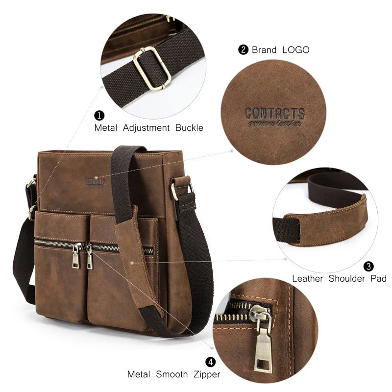 Premium retro leather messenger bag with single adjustable shoulder strap, multiple interior pockets, and classic coffee color for New Zealand men