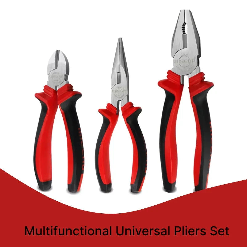 Multifunctional Universal Pliers Set with 8" combo pliers, 6" diagonal cutters, and 6" long-nose pliers made from durable chrome vanadium steel