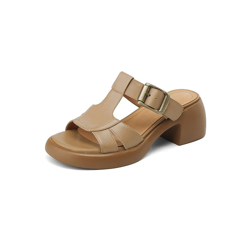 Premium cow leather sandals with a stylish buckle detail and a supportive square heel, perfect for Kiwi summer fashion.