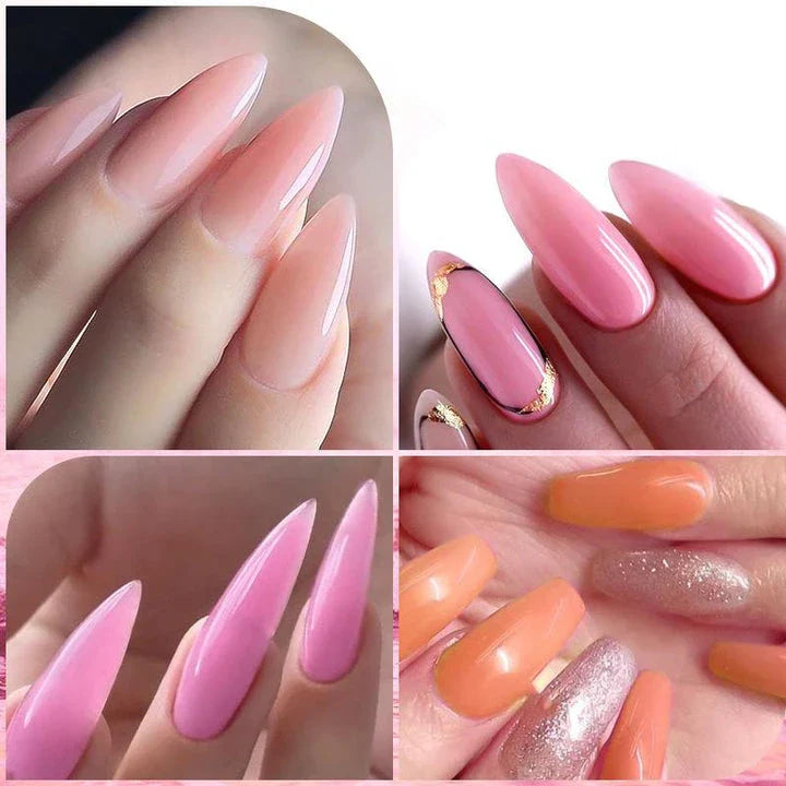 7ML Quick Extension Nail Gel in Glitter, Milky White, and Nude Pink shades for creating salon-quality nail extensions at home