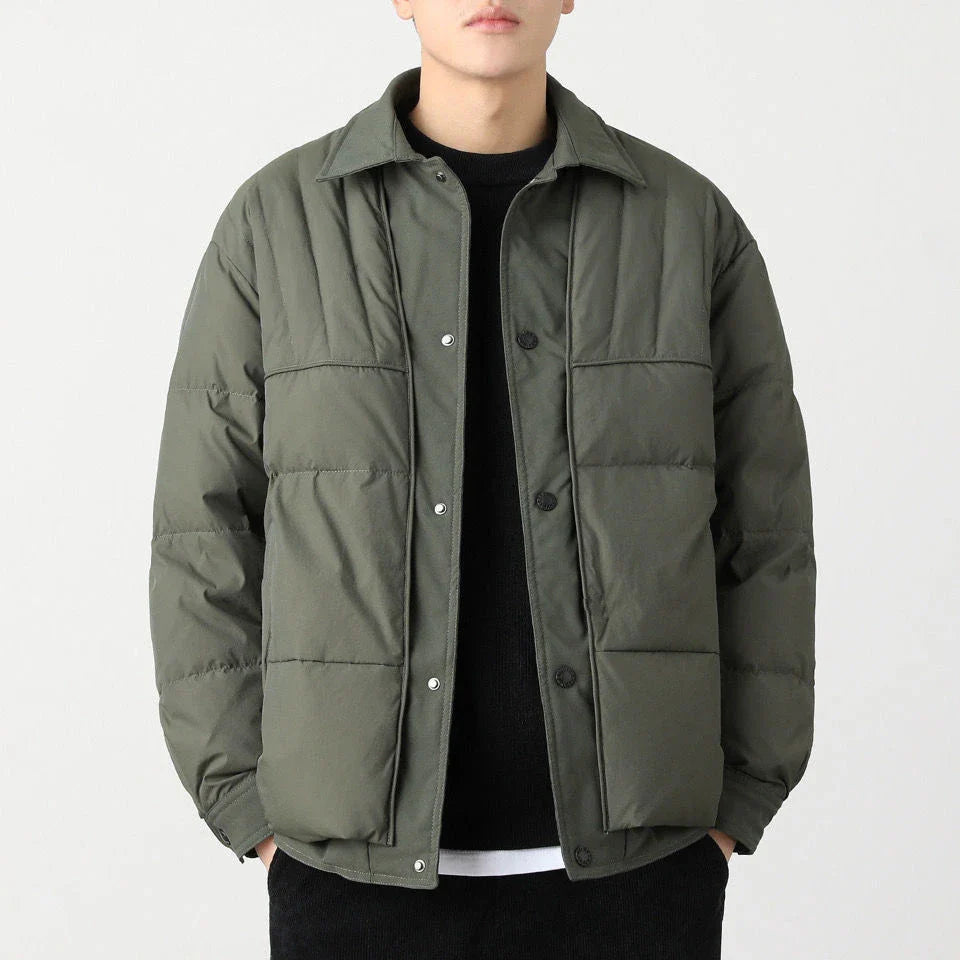 Stylish and practical lightweight down jacket in black and army green colors, perfect for Kiwi men's casual wear