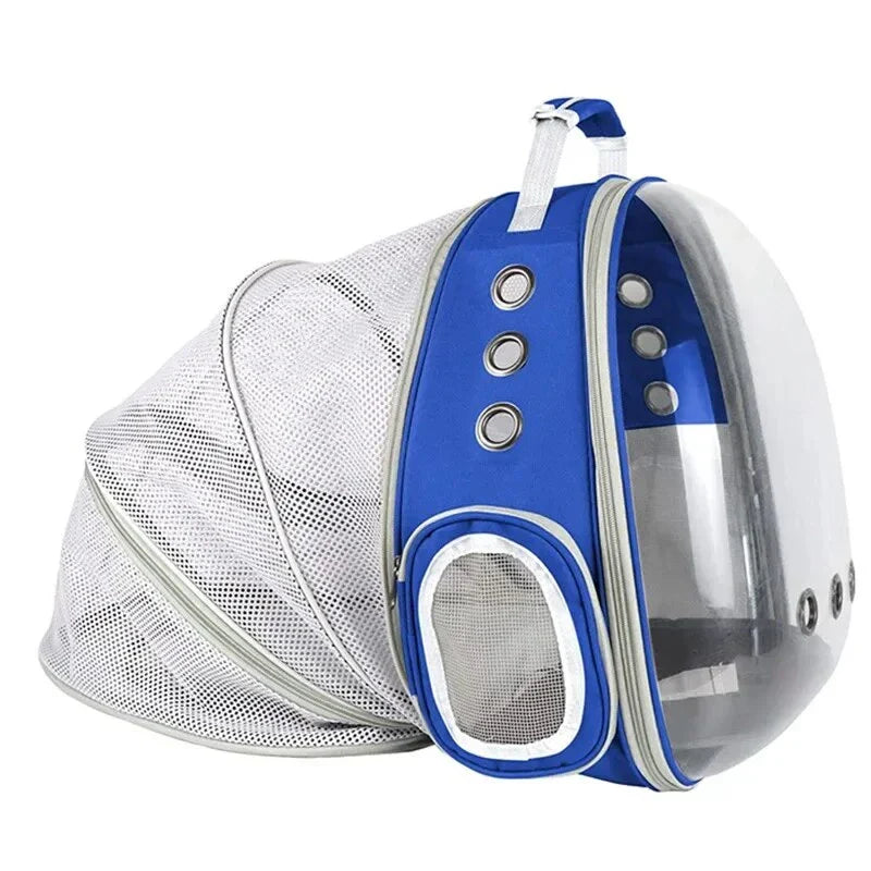 Expandable pet carrier backpack with transparent walls, allowing pets to enjoy the view during travel