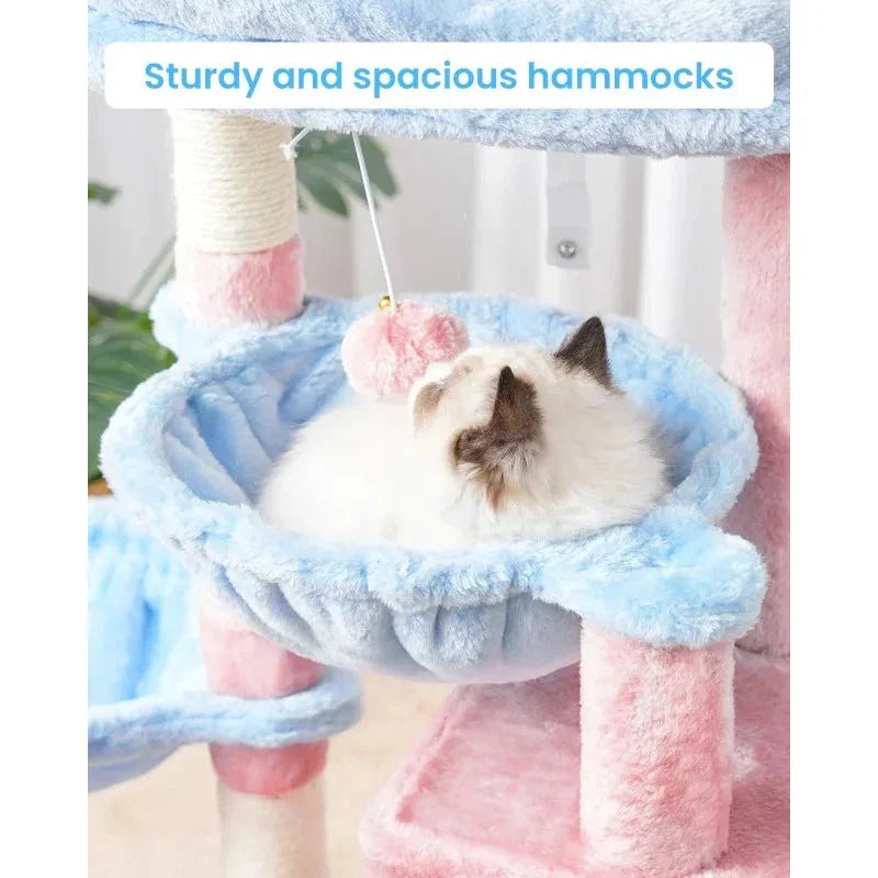 A stylish and sturdy cat tree with multiple levels, scratching posts, and cosy hammocks for your indoor cat's playtime and relaxation.