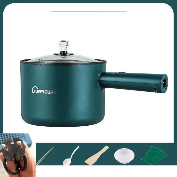 Versatile electric cooker in Emerald Green and Sapphire Blue colours, featuring manual and smart pot models with steaming grids for a range of cooking functions.