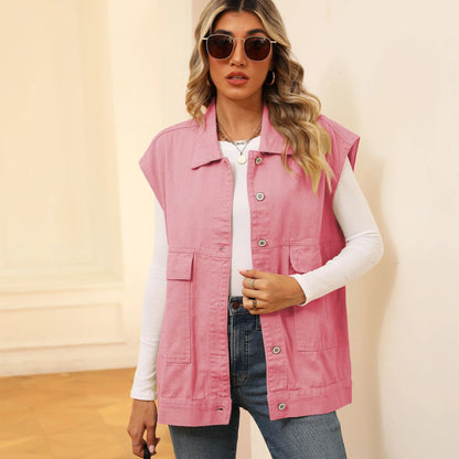 Trendha Denim Vest with Big Pockets - A stylish and functional sleeveless outwear piece for Kiwi women