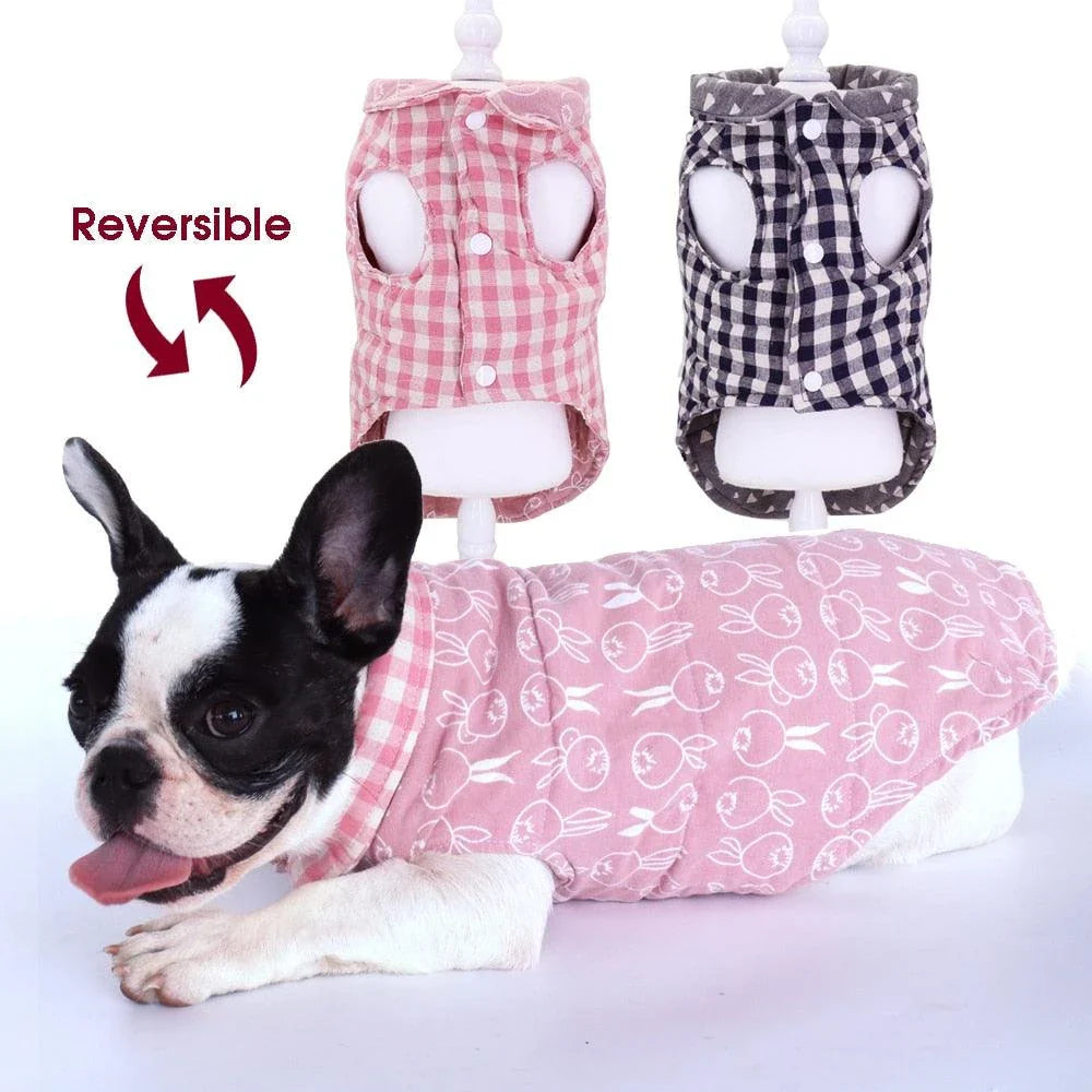 Stylish plaid pet vest for dogs in a variety of sizes, featuring a sleeveless design and durable polyester material.