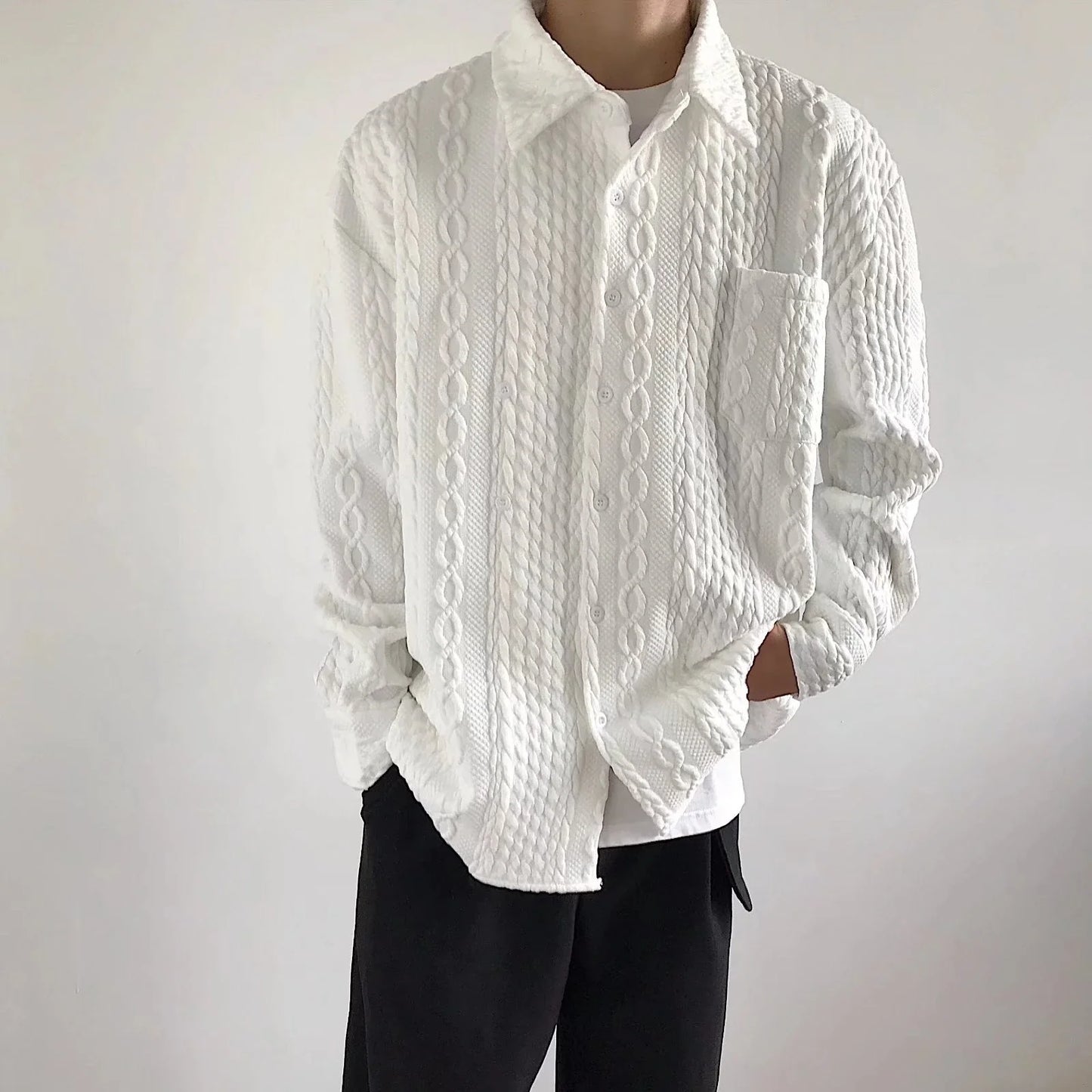 A relaxed-fit, long-sleeve men's shirt featuring a stylish Japanese-inspired hemp pattern in a versatile white color