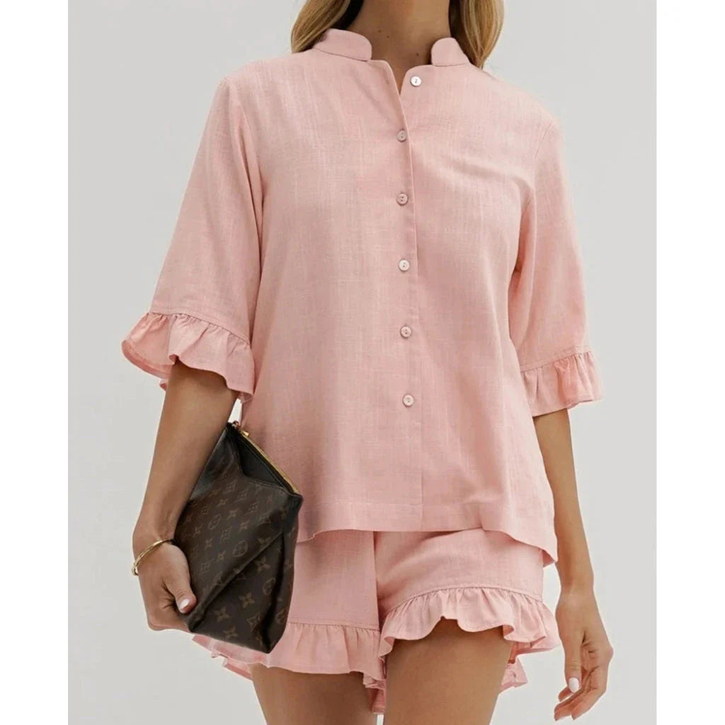 Elegant Summer Cotton 2-Piece Set in Pink, featuring a half-sleeve shirt and high-waist ruffle shorts