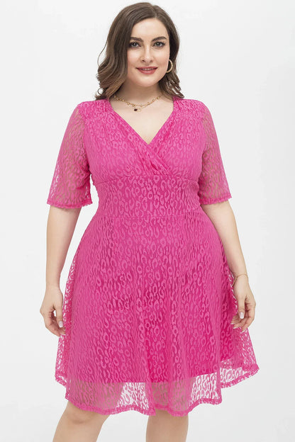 Stylish relaxed-fit v-neck lace dress in rose red color, featuring a flattering A-line silhouette and premium polyester fabric