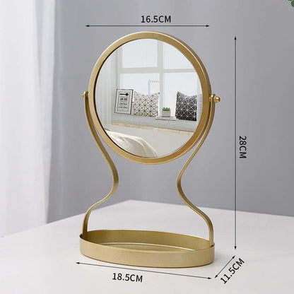 Elegant metal vanity mirror with polished silver mirror and built-in jewelry storage compartments