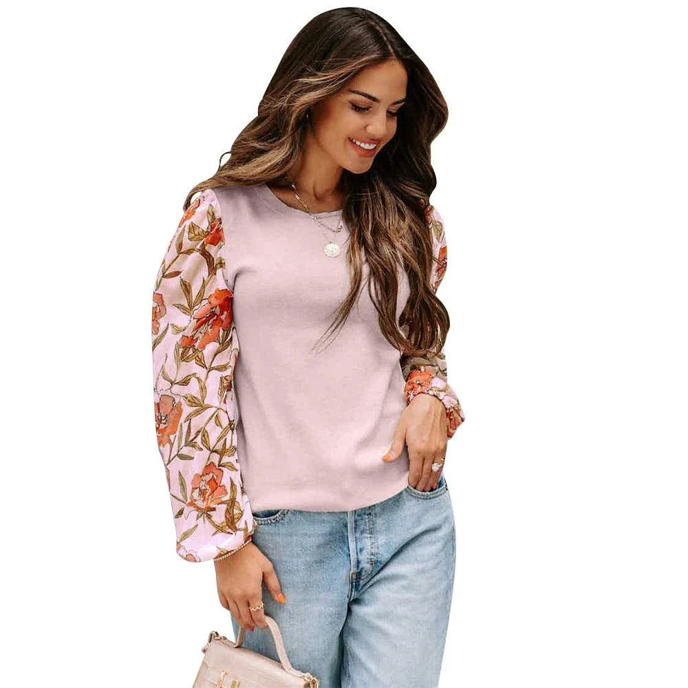 A stylish casual sweater with a printed lantern sleeve design, perfect for Kiwi women's autumn wardrobe