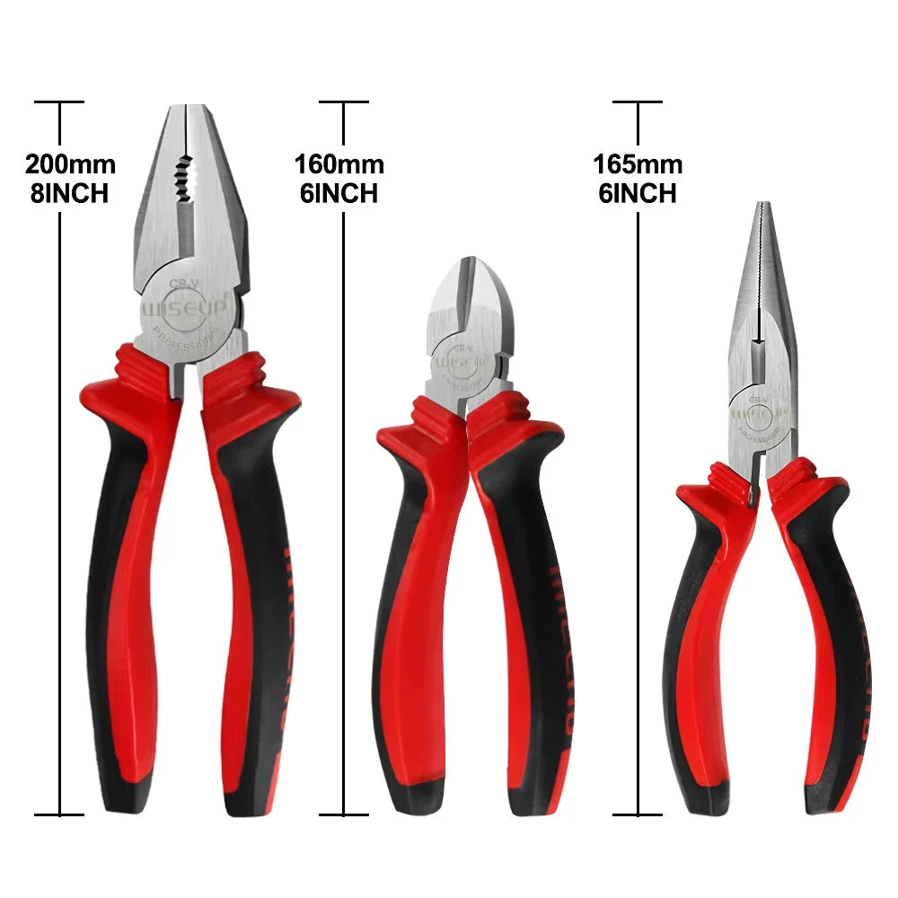 Multifunctional Universal Pliers Set with 8" combo pliers, 6" diagonal cutters, and 6" long-nose pliers made from durable chrome vanadium steel