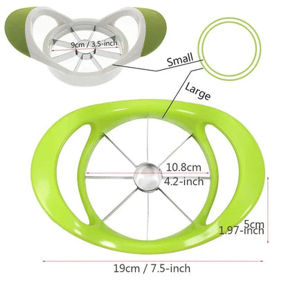 Stainless steel fruit cutter with ergonomic grip, slicing various fresh produce