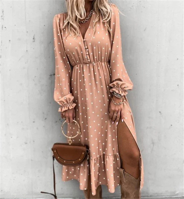 Polka dot long sleeve dress in skyblue and apricot colors, featuring a V-neck and A-line silhouette for a flattering, professional look