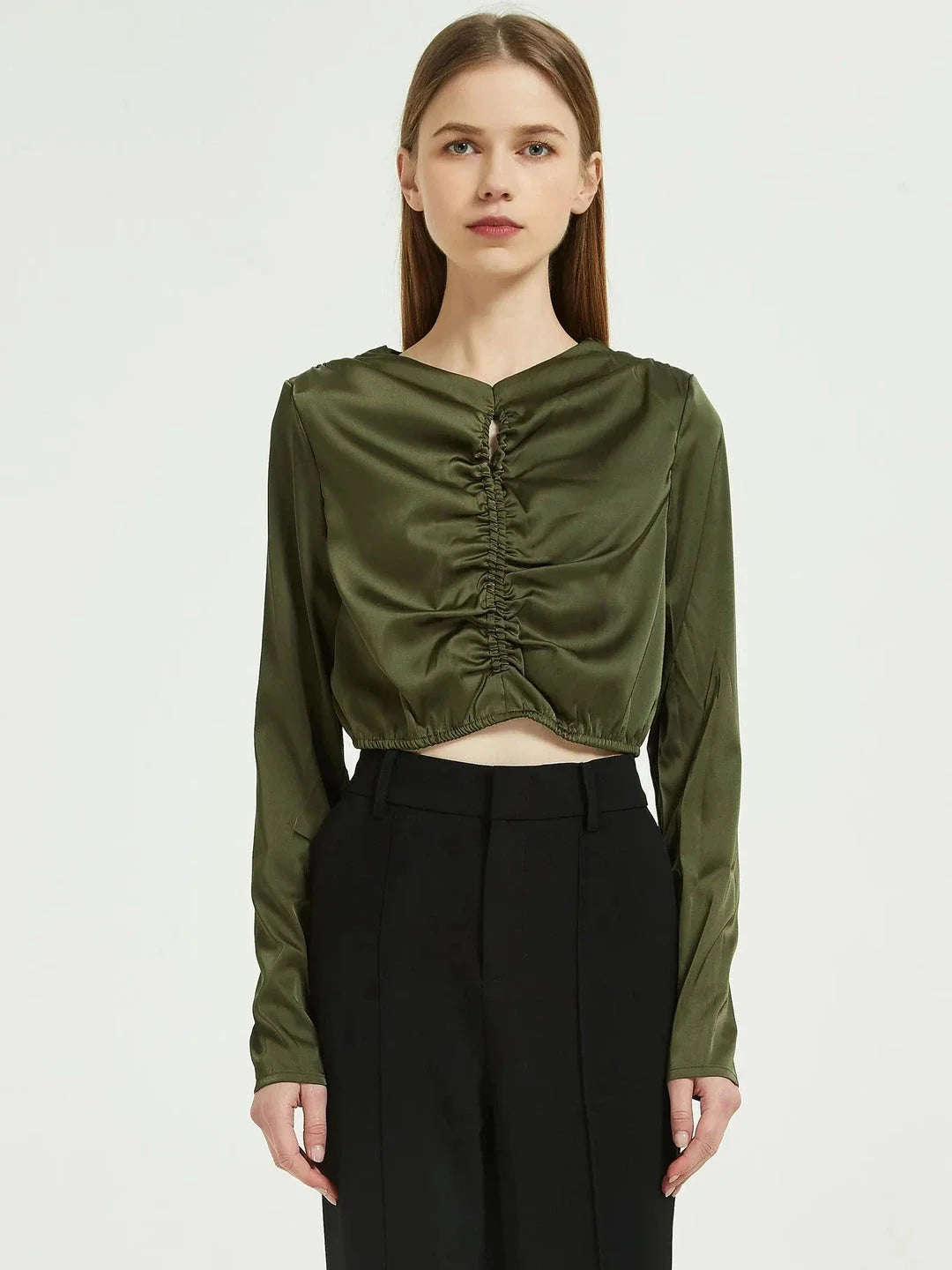 Elegant green silk chiffon long sleeve blouse, designed in New Zealand for the modern Kiwi woman