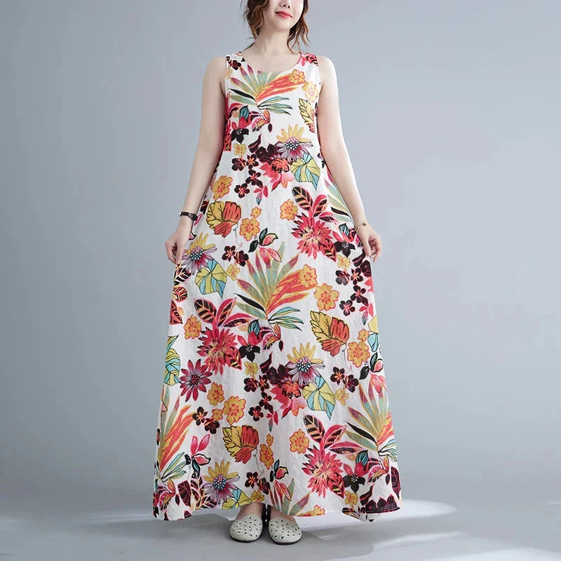 Elegant floral print cotton linen long dress with a classic O-neck and flattering A-line silhouette, perfect for Kiwi women's warm-weather style