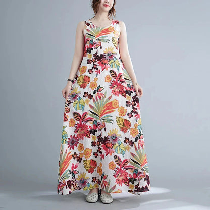Elegant floral print cotton linen long dress with a classic O-neck and flattering A-line silhouette, perfect for Kiwi women's warm-weather style