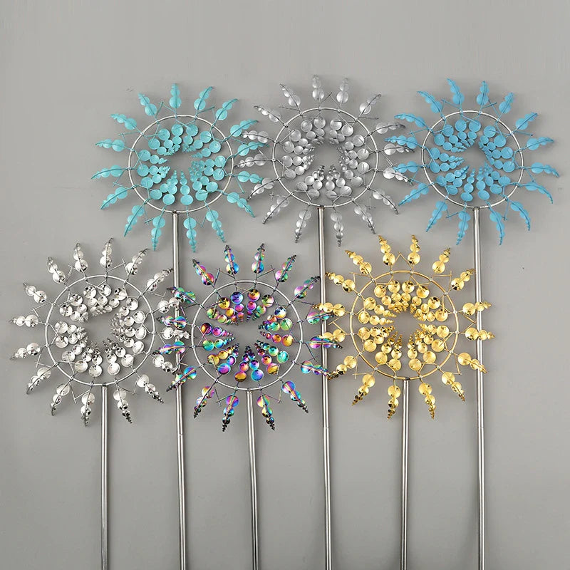 Charming metal garden windmill decoration in various vibrant colours, including white, colourful, silver, gold, lake blue, and sky blue